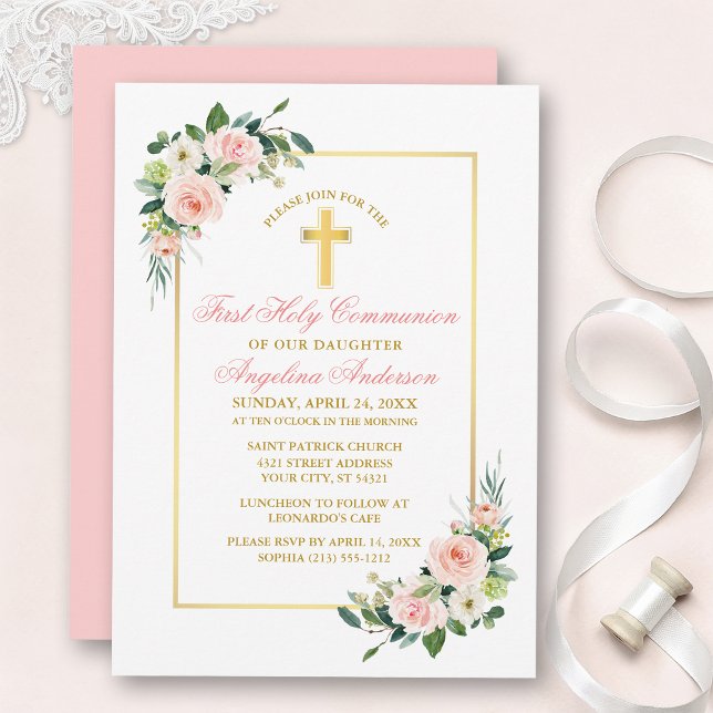 Invitación Aguada Rosa Floral Blanco Comunión Dorada (Customize to change text color, style, add text & photos to back or change color of back of card.)