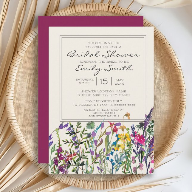 Invitación Aguadas de Flores Silvestres Rosa Crema Despedida  (Watercolor wildflowers bridal shower invitation)