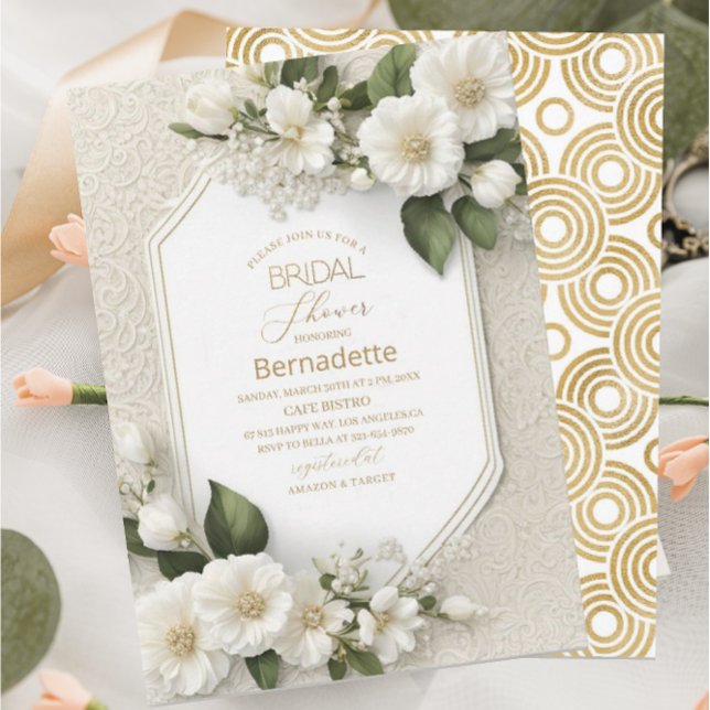 Invitación Aguadas flores blancas 3D doradas  Despedida de so (Subido por el creador)