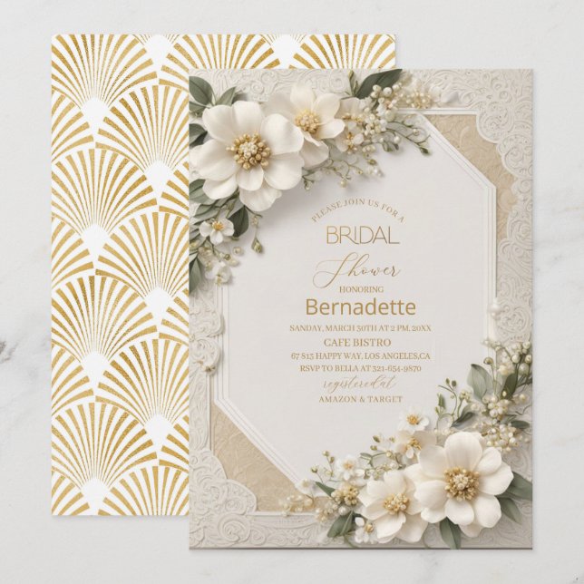 Invitación Aguadas flores blancas 3D doradas Despedida de sol (Anverso / Reverso)