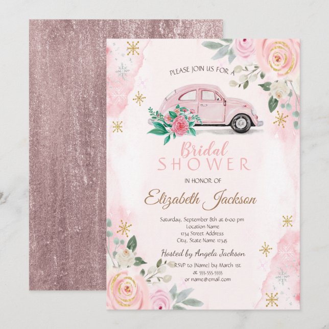 Invitación Aguadas Flores Copos de Nieve Coche Despedida de S (Anverso / Reverso)