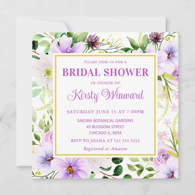 Invitación Aguadas Flores Mágicas Moradas Despedida de Solter (Anverso)