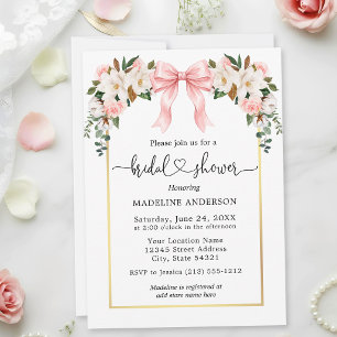 Invitación Aguadas Magnolias Rosas Lazo Rosa Té de Despedida