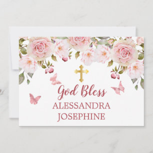 Invitación Aguamar Rosa Floral Mariposas y Cruz Nombre