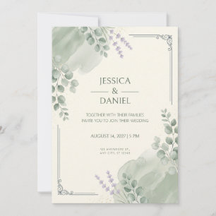 Invitación Aguamarina Acuarela Filigrana de Eucalipto