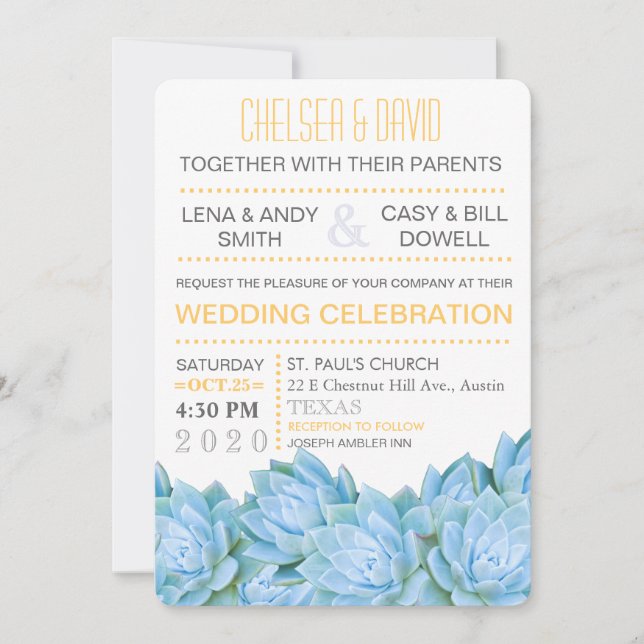 Invitación Aguamarina azul y boda elegante moderna suculenta (Anverso)