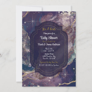 Invitación Aguamarina Celeste con Aquarela Dorada Fiesta de B