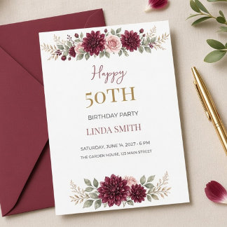 Invitación Aguamarina Dalia Acuarela Cumpleaños 50