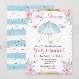 Invitación Aguamarina de acuarela Cumple de bebe Paraguas de 