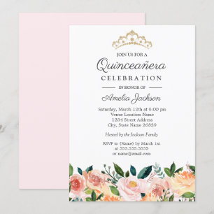 Invitación Aguamarina de Melocotón Floral Quinceañera en Acua