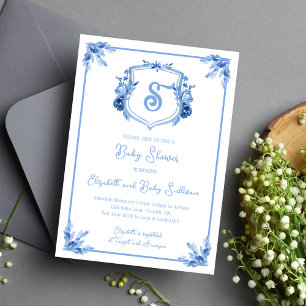 Invitación Aguamarina Floral Monograma Cresta Baby Shower