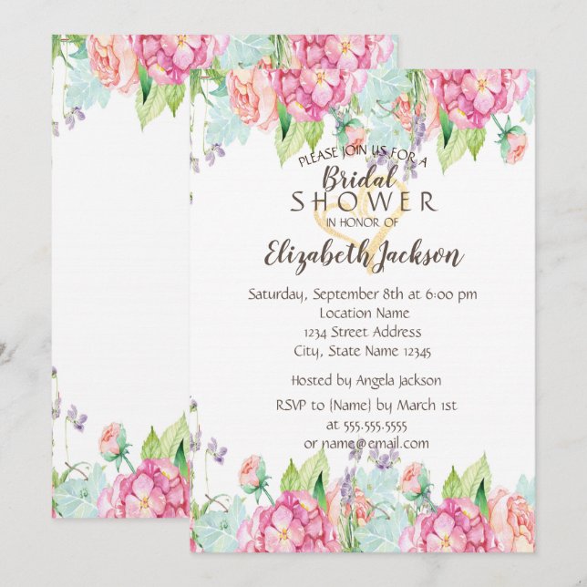 Invitación Aguamarina Flores Brillo Corazón  Despedida de sol (Anverso / Reverso)