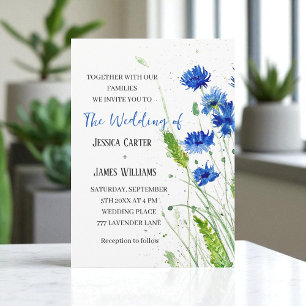 Invitación Aguamarina Flores de Aciano Aquarela Floral Boda