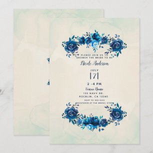 Invitación Aguamarina Índigo Beige Flores Acuarela Despedida 