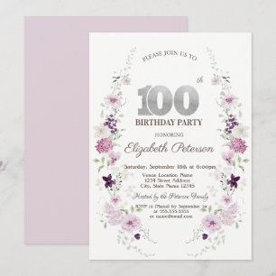 Invitación Aguamarina Lilas Flores Silvestres Cumpleaños 100 