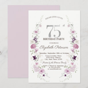 Invitación Aguamarina Lilas Flores Silvestres Cumpleaños 75  