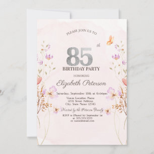 Invitación Aguamarina Lilas Flores Silvestres Cumpleaños 85