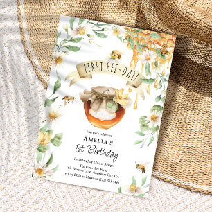Invitación Aguamarina Miel Primer Cumpleaños Abeja