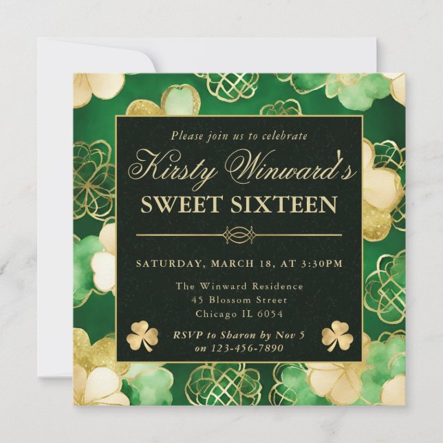 Invitación Aguamarina Verde y Oro Shamrock Dulces 16 (Anverso)