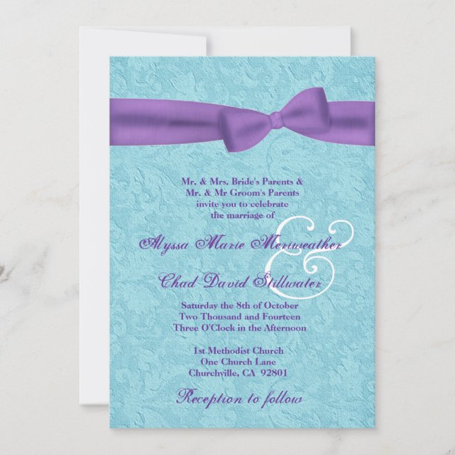 Invitación Aguamarina y damasco púrpura y arco que casan R541 (Anverso)