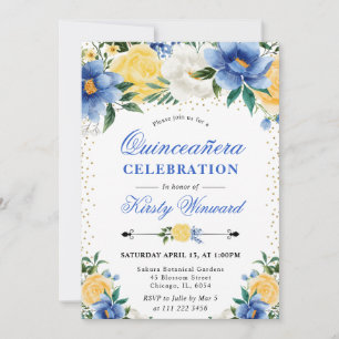 Invitación Aguamarina y flores amarillas Quinceanera al acuar