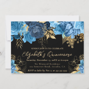 Invitación Aguamarina y flores doradas en acuarela Quinceañer