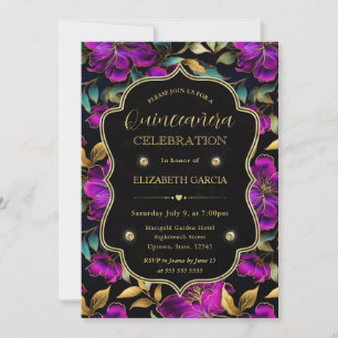 Invitación Aguamarina y flores moradas al agua Quinceañera