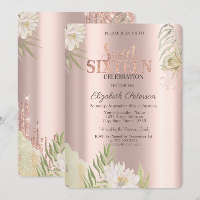 Invitación Aguarela Boho Floral Rosa Dorado Dulce 16  (Anverso / Reverso)