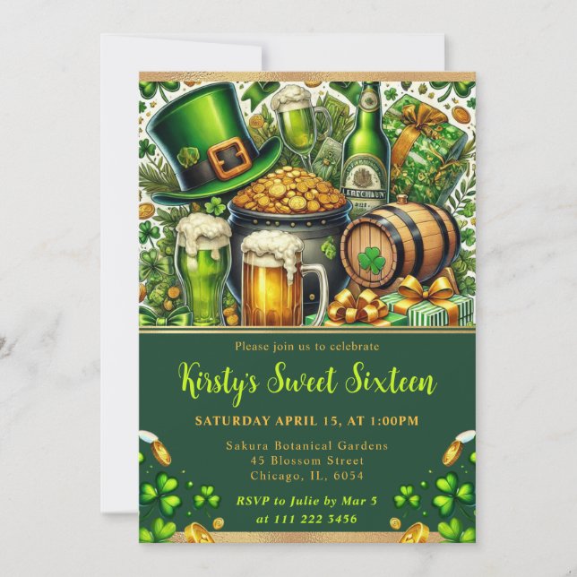 Invitación Aguarela Cumpleaños Dieciséis Día de San Patricio (Anverso)