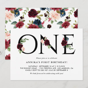 Invitación Aguarela Flores Burgundy y Azul Primer Cumpleaños