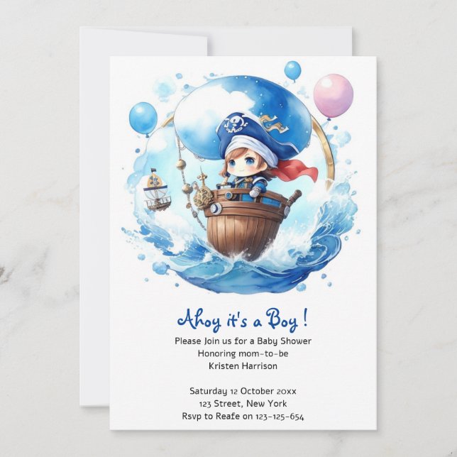 Invitación Aguas caprichosas: Watercolour Boy Baby Shower (Anverso)