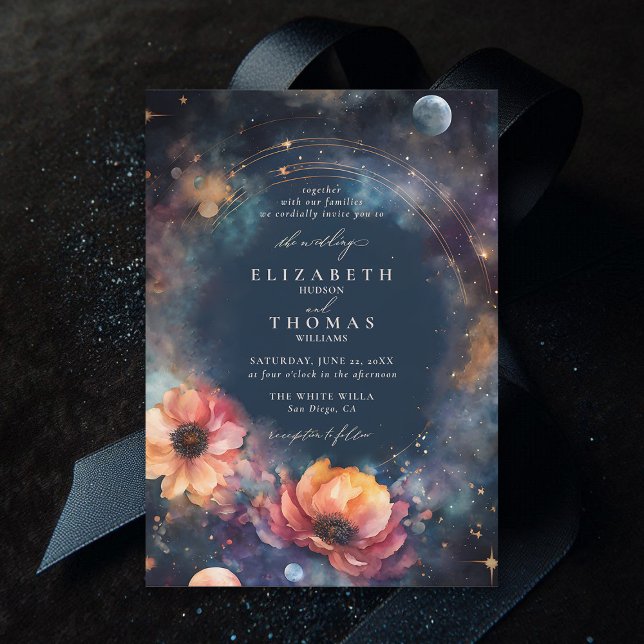 Invitación Aguas celestes Moon Stars Floral Elegante Boda (celestial wedding invitation moody dark midnight sky watercolor floral elegant modern classic)