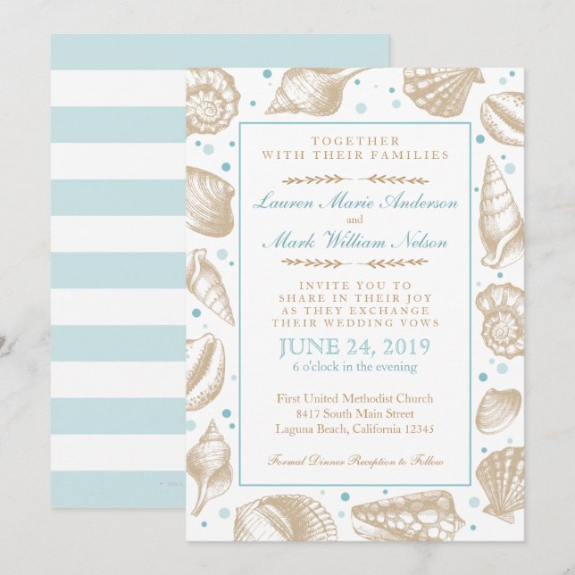 Invitación Aguas marinas Nautical Beach Wedding Aqua/Tan (Anverso / Reverso)