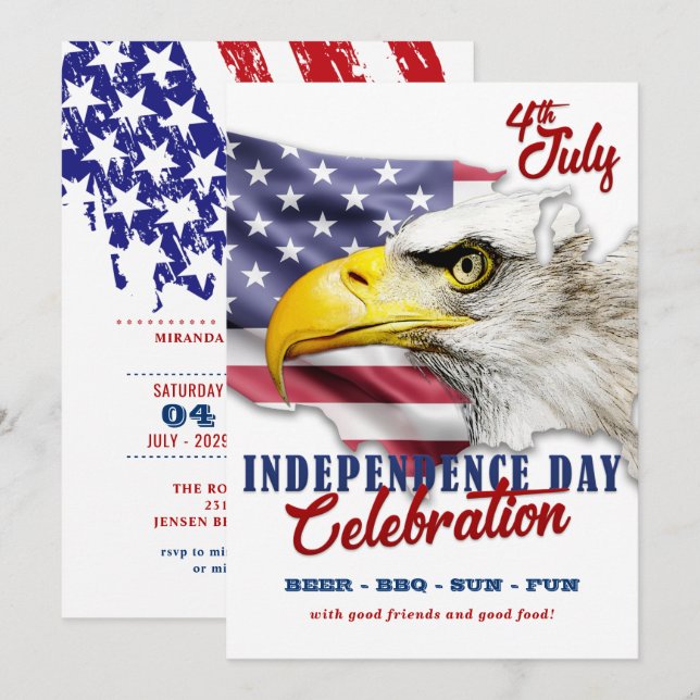 Invitación Águila Americana Roja, Blanca Y Azul 4 De Julio Fi (Anverso / Reverso)