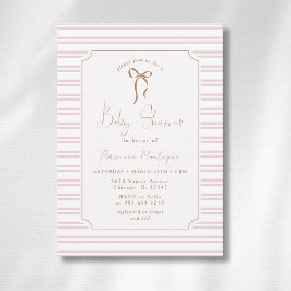 Invitación Aguinaldo de bebé con arco y marco dorado con raya