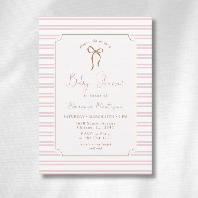 Invitación Aguinaldo de bebé con arco y marco dorado con raya (Subido por el creador)