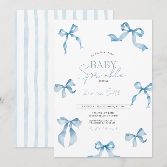 Invitación Aguinaldo moderno para bebé con lazo azul (Anverso / Reverso)