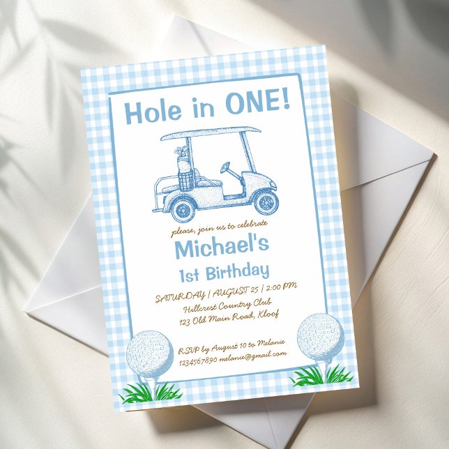 Invitación Agujero en un fiesta de primer cumpleaños de gingh (Hole in one pastel blue gingham golf 1st birthday party invitation template sports boys birthday)