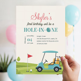 Invitación Agujero En Uno Golf Niños Cumpleaños Azul Verde