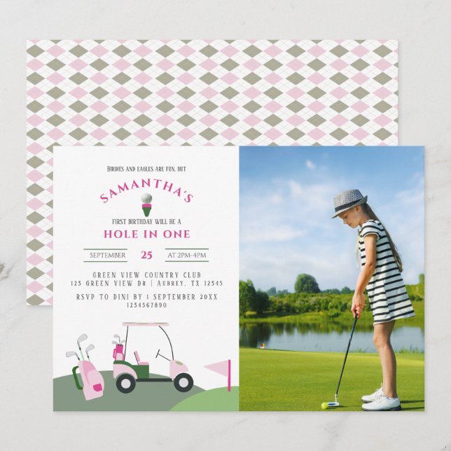 Invitación Agujero rosa en un golf 1er cumpleaños foto de per (Anverso / Reverso)
