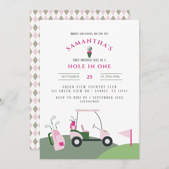 Invitación Agujero rosa en un golf 1er cumpleaños Par-tee (Anverso / Reverso)