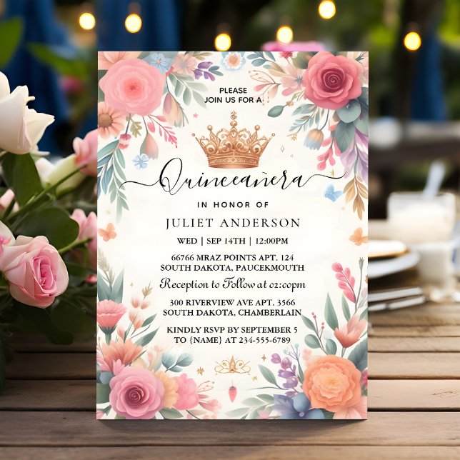 Invitación Ahora familia Tiara Latina Girly Español Quinceane (Subido por el creador)