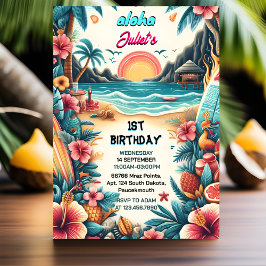 Invitación Ahora Joy hula Luau Surf aloha hawaiano 1er cumple