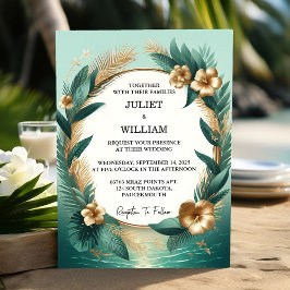 Invitación Ahora Wreath Palm Tree Beach Green Y Gold Boda