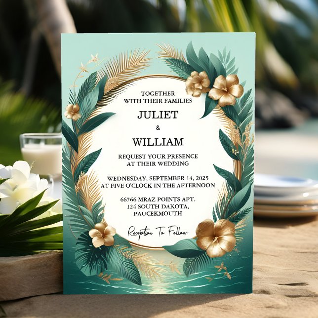 Invitación Ahora Wreath Palm Tree Beach Green Y Gold Boda (Subido por el creador)