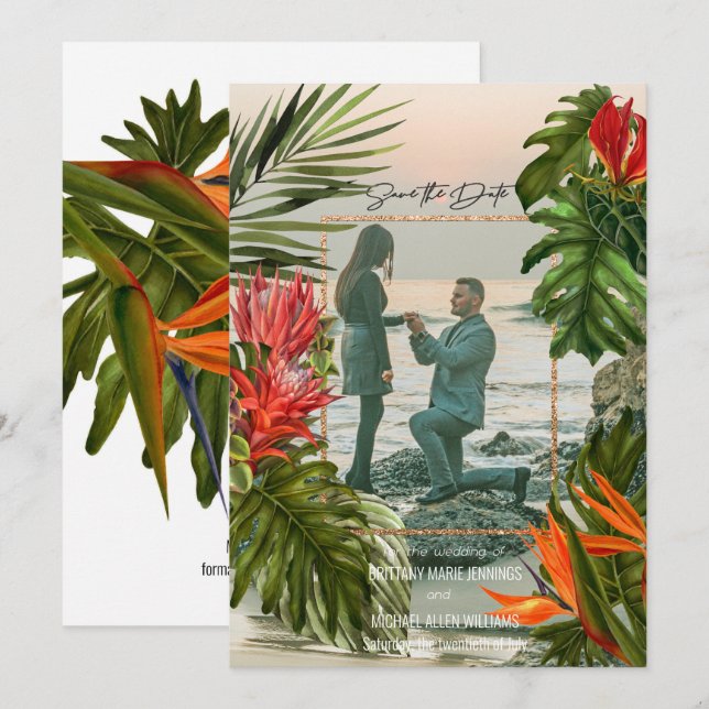 Invitación Ahorra la Fecha Brisa Tropical Exuberante Botánica (Anverso / Reverso)