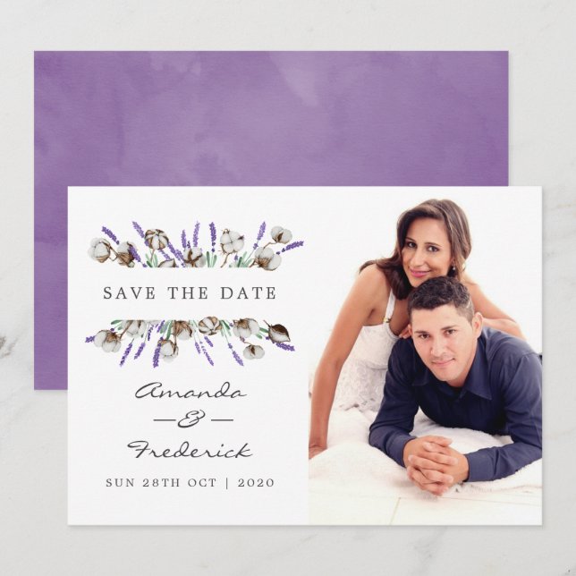 Invitación Ahorra la fecha de boda de lavanda de algodón acua (Anverso / Reverso)