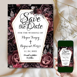 Invitación Ahorra la fecha de boda vintage ataúd gótico negro