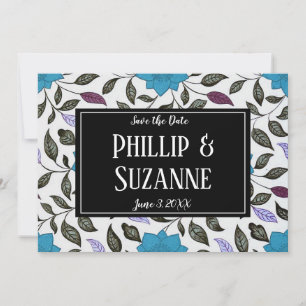 Invitación Ahorra la fecha de patrón floral azul vintage