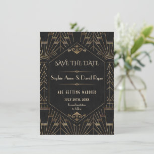 Invitación Ahorre la fecha Bodas Estilo Gatsby Dorado Negro 2